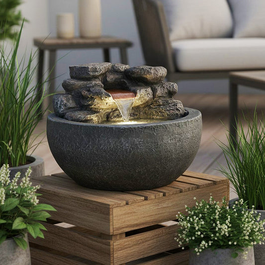 Runder Gartenbrunnen & Zimmerbrunnen TP3004 Ø42 cm – Kompakter Wasserfallbrunnen in Steinoptik mit warmweißer LED
