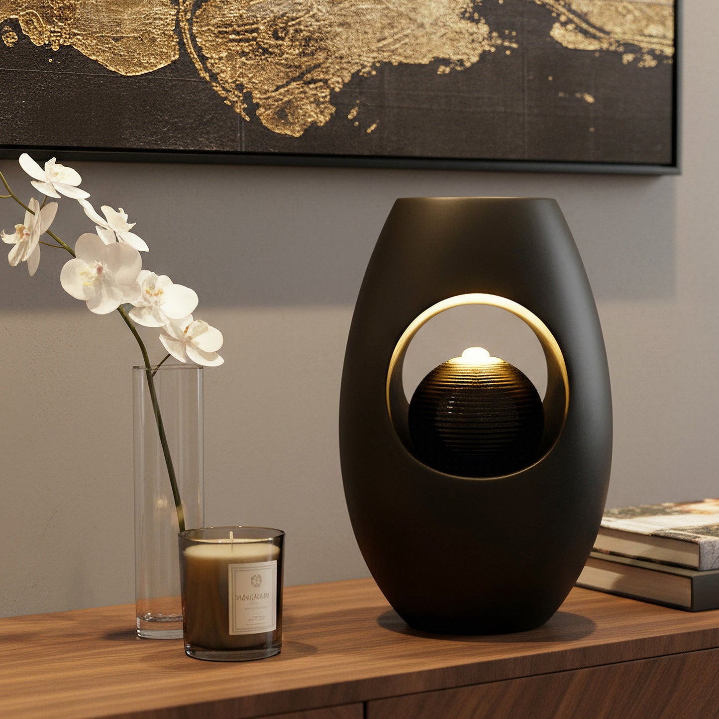 Zimmerbrunnen Blumenvase schwarz BK913 mit LED Beleuchtung Tischbrunnen Vase modern Brunnen Wasserspiel 40 cm