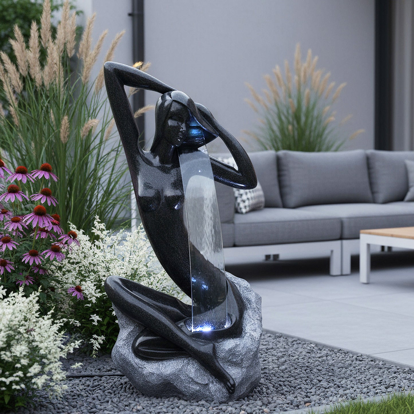 Design Springbrunnen mit LED Beleuchtung Zimmerbrunnen 101 cm Granit-Optik Gartenbrunnen Skulptur Brunnen Wasserspiel