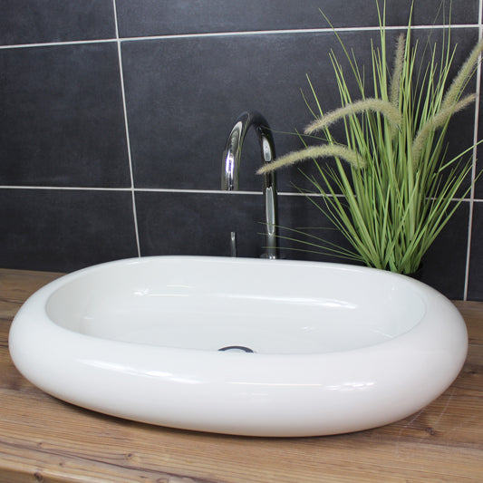 Aufsatzwaschbecken 62 x 40 x 10 cm länglich abgerundet Waschbecken Waschschale Keramik Weiß modern