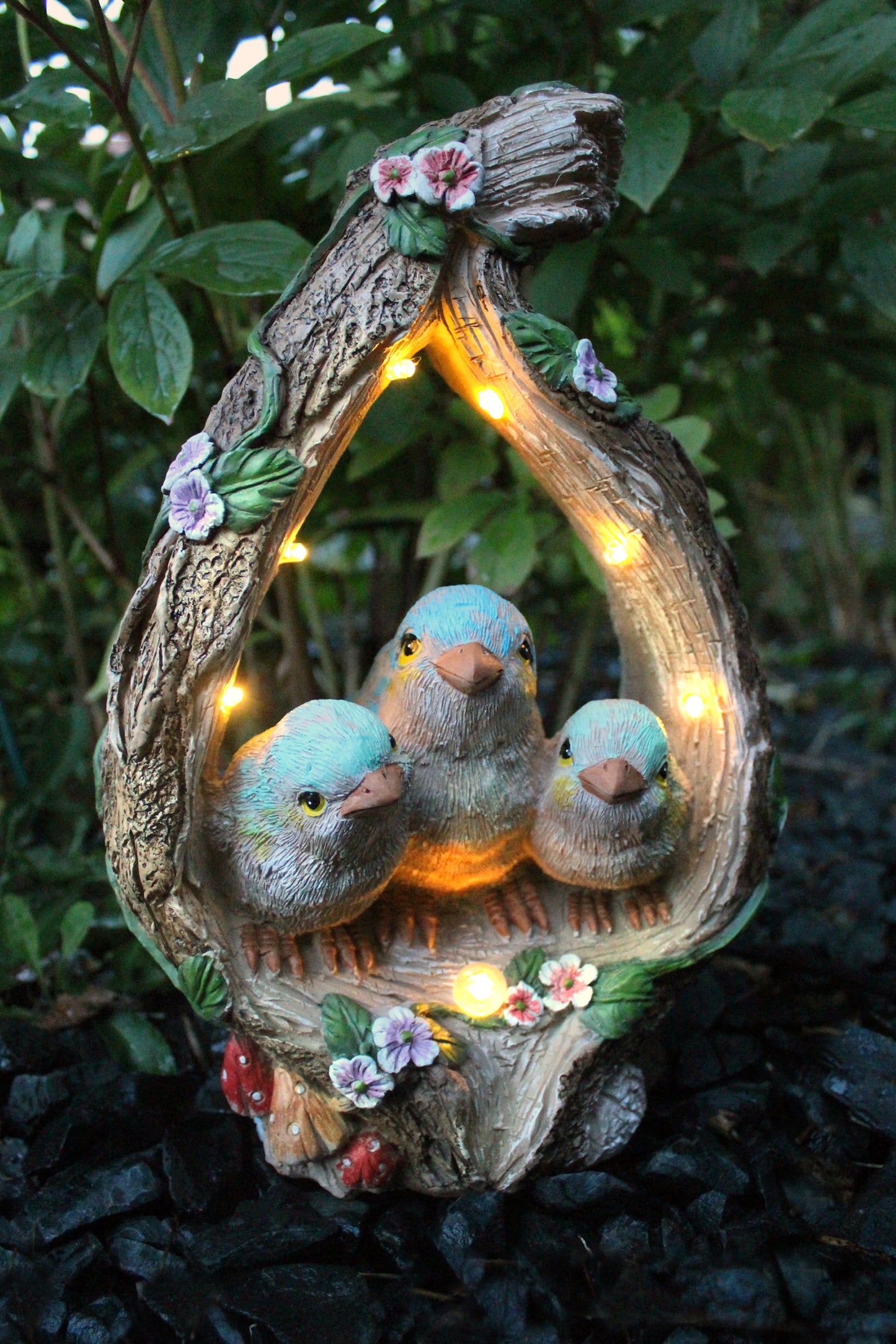 Solar Gartenfigur Baumstamm mit Vögel 30 cm Solarleuchte Gartendeko beleuchtet