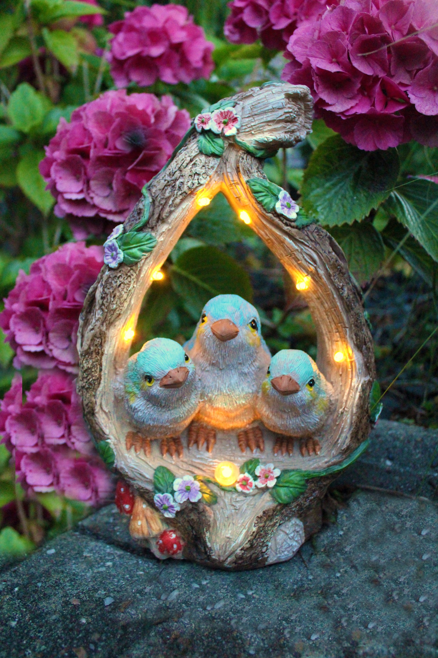 Solar Gartenfigur Baumstamm mit Vögel 30 cm Solarleuchte Gartendeko beleuchtet