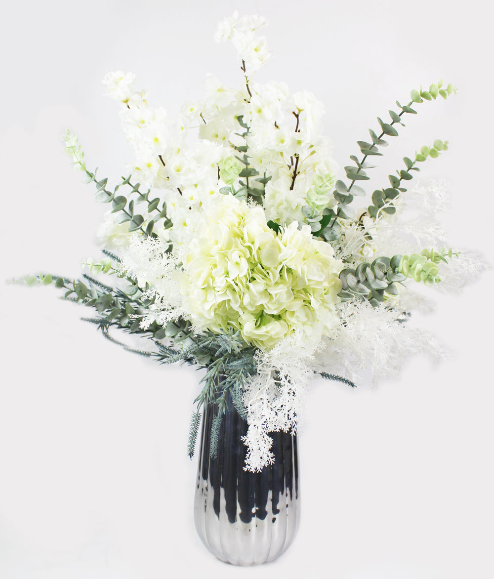 künstlicher weißer Blumenstrauß White Garden 60 cm Hortensie Kirschblüte Eukalyptus