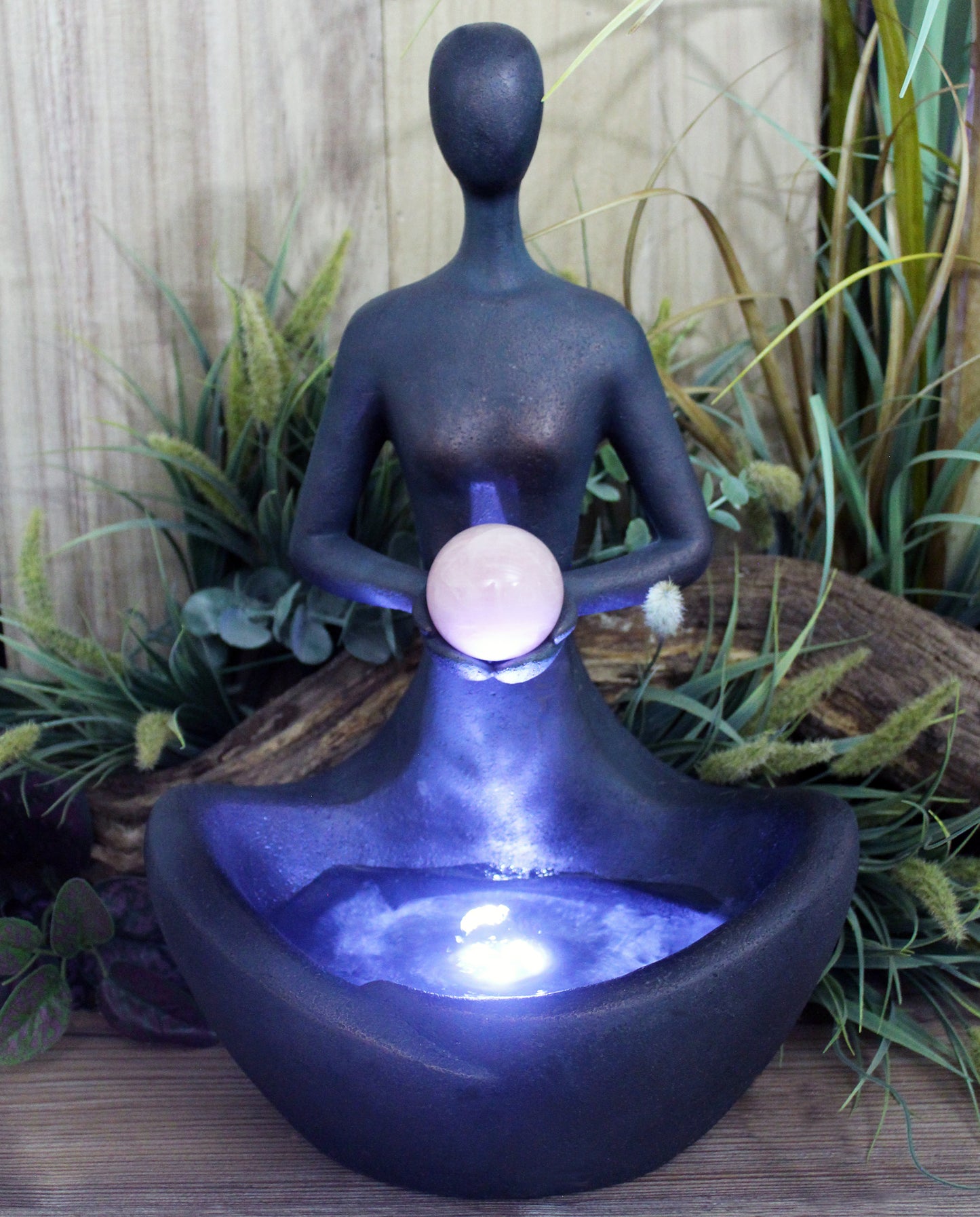 Yoga Brunnen mit Beleuchtung und Rosenquarz Kugel Heilstein 41 cm Zimmerbrunnen Springbrunnen