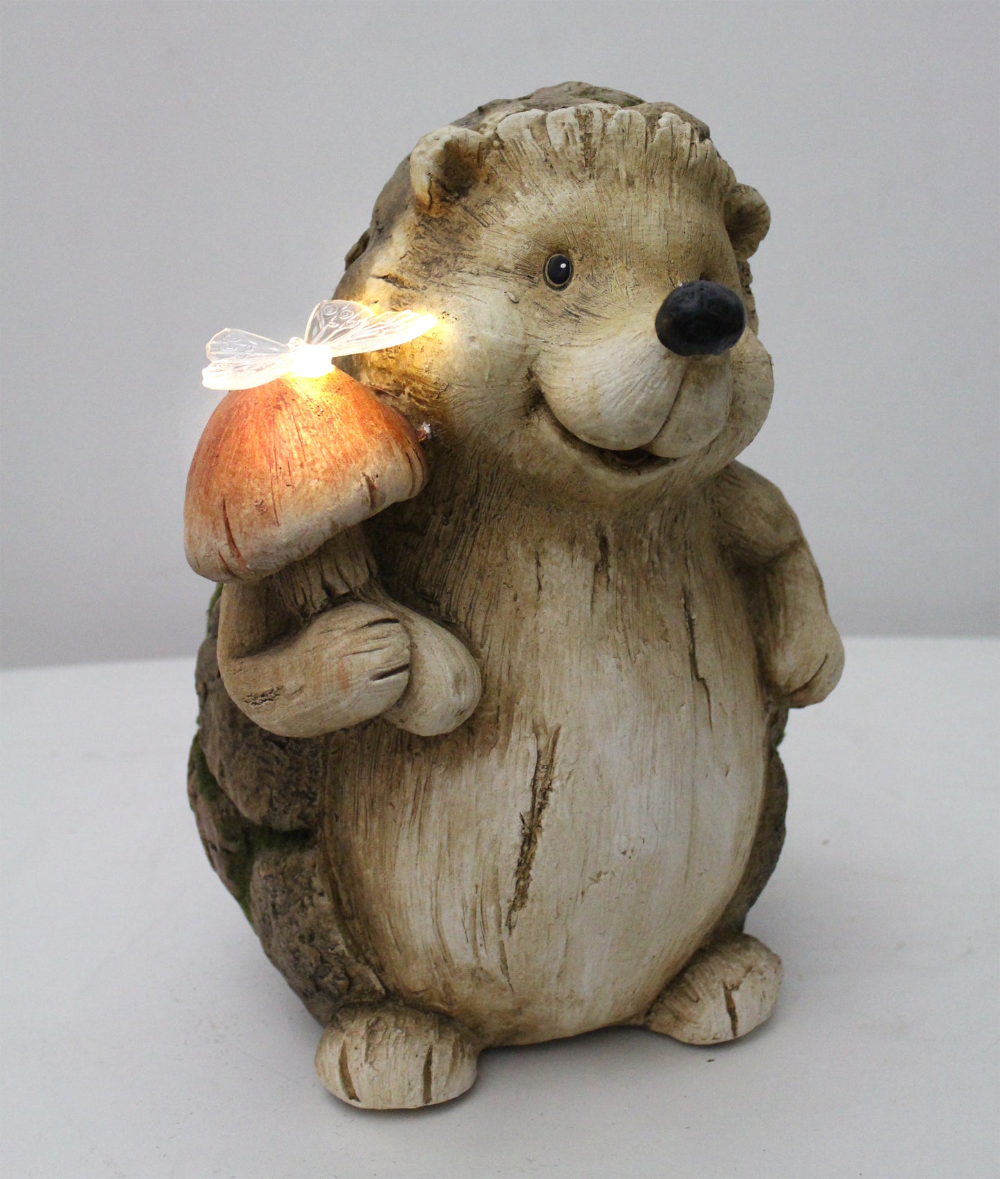 Solarleuchte Igel mit Schmetterling 33,5 cm in Holzoptik Gartenfigur Solarlampe