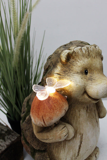 Solarleuchte Igel mit Schmetterling 33,5 cm in Holzoptik Gartenfigur Solarlampe